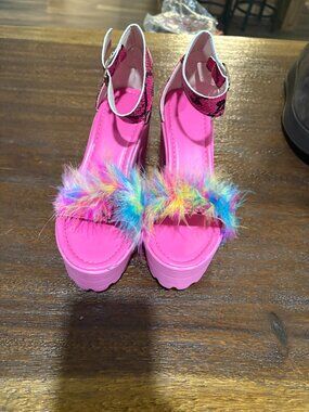 Crazy Ladies Hot Pink Snake Skin Rainbow Fur Open Toe Platform Heel Shoes sz 7.5